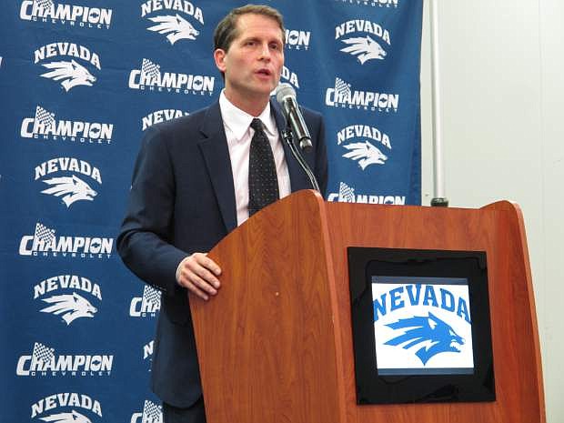 New Nevada basketball coach Eric Musselman addresses reporters at the Lawlor Events Center shortly after the state Board of Regents approved his 5-year contract worth $2 million Thursday in Reno