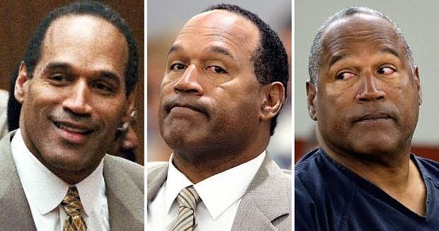 This combination of Associated Press file photos shows from left, O.J. Simspon on Oct. 3, 1995, after the jury acquitted him in the murders of Nicole Brown Simpson and Ronald Goldman in Los Angeles; Simpson, center, in court on the first day his trial for armed robbery and kidnapping, on Monday, Sept 15, 2008, in Las Vegas; and right, Simpson in Clark County District Court seeking a new trial, claiming that trial lawyer Yale Galanter had conflicted interests and shouldn&#039;t have handled Simpson&#039;s armed case on Monday, May 13, 2013, in Las Vegas. (AP Photo)