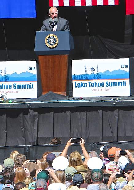 California Governor Jerry Brown speaks about Lake Tahoe Wednesday in Stateline.