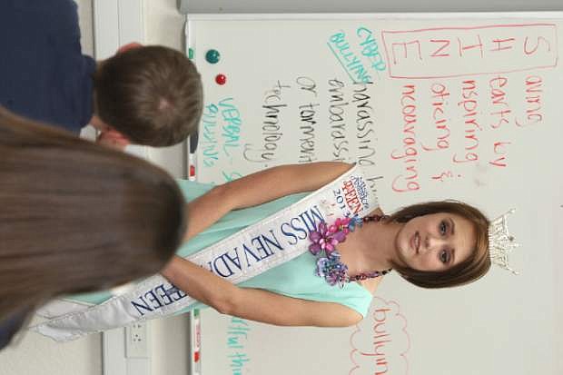 Katarina Clark, Miss Nevada&#039;s Outstanding Teen 2013, speaks to Carson Middle School seventh-graders about bullying and her personal experience of being bullied in school.