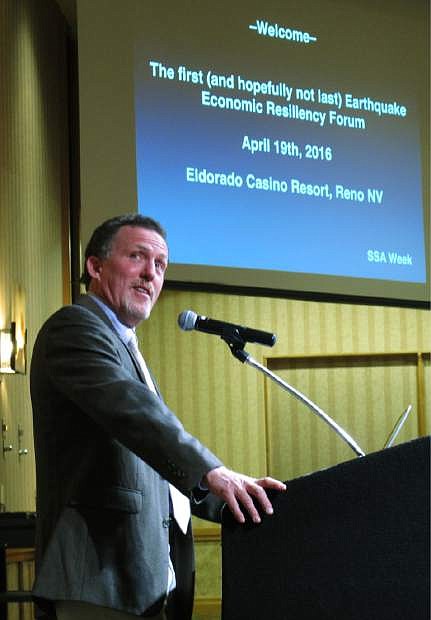 Graham Kent, director of the Nevada Seismological Laboratory, speaks Tuesday, April 19, 2016, at a forum on Earthquake Economic Resiliency in Reno, Nev., the day before the Seismological Society of America opens its annual meeting there on Wednesday. Kent says the Sierra&#039;s eastern front is long overdue for a large earthquake along the California-Nevada line, where a magnitude-7 event expected on average every 30 years hasn&#039;t occurred in six decades. (AP Photo/Scott Sonner)