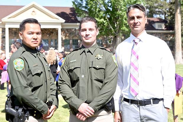 Peace Officers Standards and Training graduates Michael Huynh and Daniel Judd of the Carson City Sheriff&#039;s Office and Ryan J. Felix of  Carson City Juvenile Probation Services following the ceremony at the Stewart facility Wednesday.