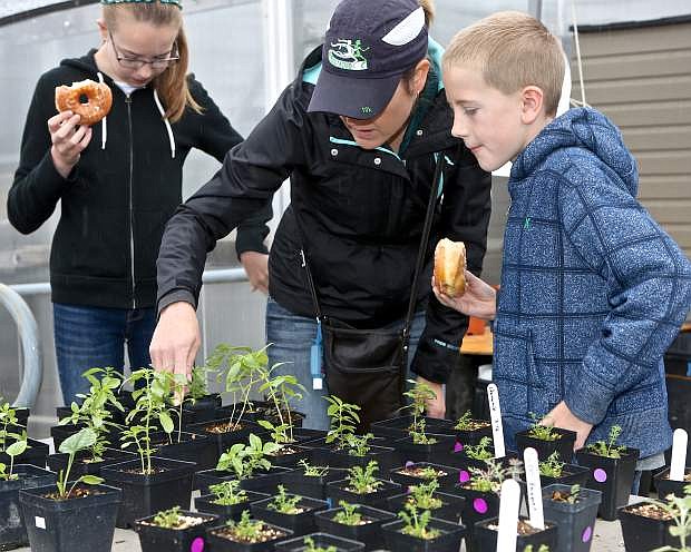 Jaren and Talia Thornburg enjoy donuts while their mother Emily shops for plants at The Greenhouse Project&#039;s spring sale at Carson High School.