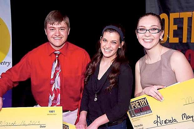 Poetry Out Loud winners from 2013 were, from left, Ralston T. Pedersen, Lyon County, third place; Jennifer Simon, Nye County, second place; and Graciela Maya-Joseph, Elko County, first place.