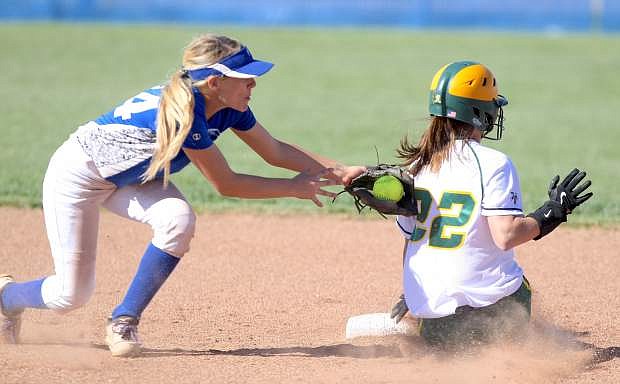 Shortstop Bailey Allen tags out a Manogue baserunner on Tuesday.