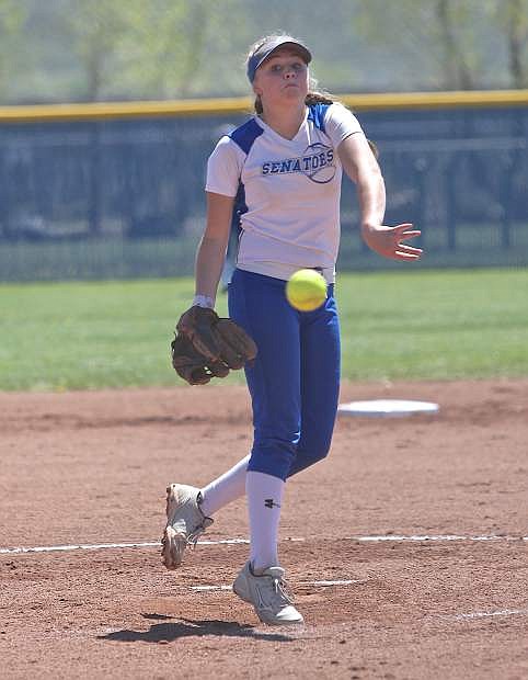 Carson&#039;s Lauren Lemburg fires a pitch to a Galena batter Saturday at CHS.