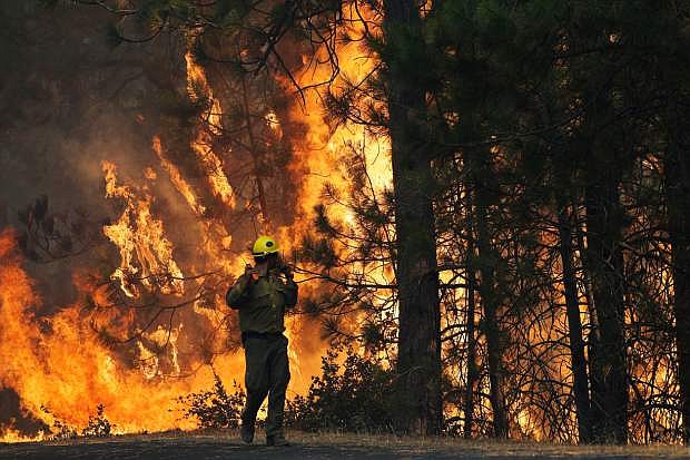 FILE - This Aug. 25, 2013 file photo shows firefighter A.J. Tevis watching the flames of the Rim Fire near Yosemite National Park, Calif.  The House has approved a wide-ranging bill that speeds logging of trees burned in last year&#039;s massive Rim Fire in California. The measure also allows vehicular access to North Carolina&#039;s Cape Hatteras National Seashore, extends livestock grazing permits on federal land in the West and lifts longstanding restrictions on canoes, rafts and other &quot;hand-propelled&quot; watercraft in Yellowstone and Grand Teton national parks. (AP Photo/Jae C. Hong, File)