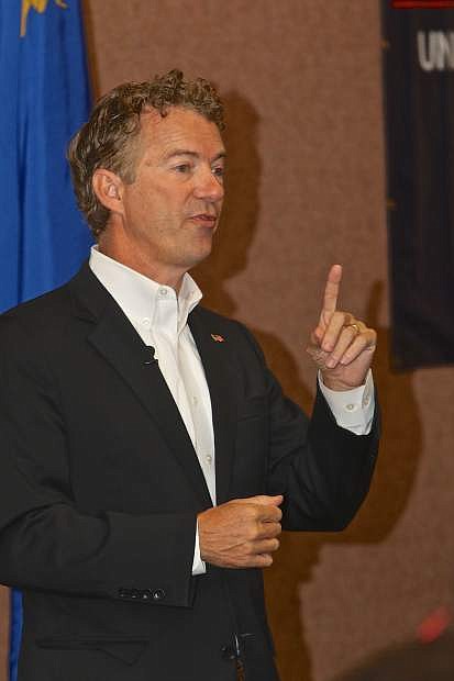 Rand Paul cautions the audience regarding other Republican presidential candidates Thursday morning at the Gold Dust West Casino.