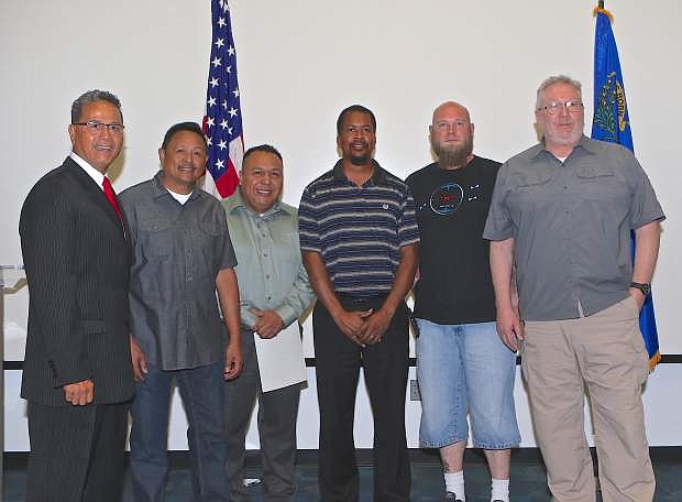 National Guard retirees shown following a ceremony Saturday at the Office of the Adjutant General in Carson City are: MSG Live Tau, MSG Leon Perez, Sgt. Eduardo Conde, SFC Marell Kemp, SFC James Lathrop and SSG Stephen Staley.