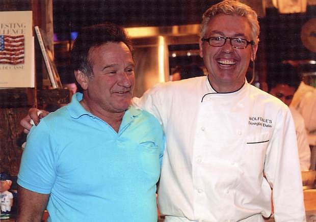 Robin Williams and Wolfdale&#039;s chef/owner Douglas Dale yuk it up at the Tahoe City restaurant.