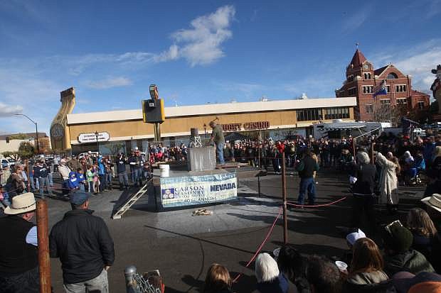 A large enthusiastic crowd gathers at the World Championship Single Jack Drilling Contest on Saturday.