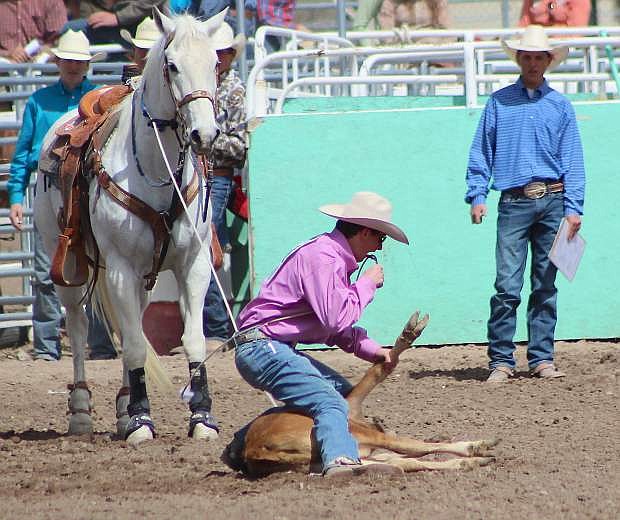 Mackay Spyrow of the Fallon Rodeo Club ties down a calf during Saturday&#039;s rodeo at the Churchill County Fairgrounds.