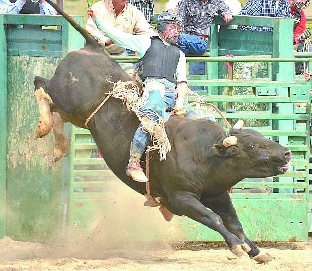 Wyatt Denny of Minden takes down a steer this season. The Nevada State High School Rodeo runs today through Sunday at the Churchill County Fairgrounds.