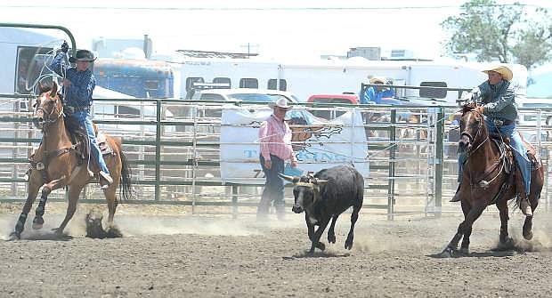 Fallon cowboy Jes Tews, left, and team roping partner Dominic Ceresola of Fernley won the state title at the Nevada High School Finals Rodeo last month. The two will compete in next week&#039;s National High School Finals Rodeo in Rock Springs, Wyo.