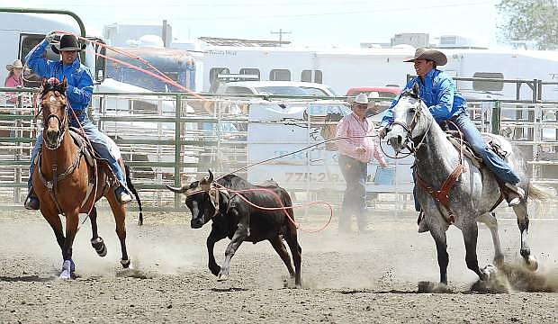 Cord Hendrix, left, and Caleb Hendrix finished ninth overall in team roping this month at the National High School Finals Rodeo in Rock Springs, Wyo.
