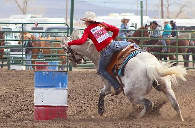 Joleen Weir of Fallon takes a sharp corner  in barrel racing at the Fernley rodeo last month. She and the Fallon High School Rodeo Club host their annual rodeo this weekend at the Churchill County Fairgrounds.