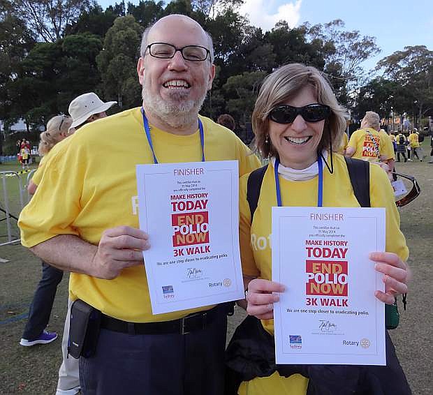 Rotary District 5190 Governor Joe Zarachoff and wife Cheryl smile after completing a 3K Walk To End Polio last year in Sydney, Australia.