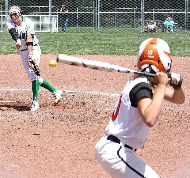 Fallon&#039;s Rileigh Ricken delivers a pitch during the Lady Wave&#039;s 4-2 victory over Fernley on Saturday to win the Northern Division I-A regional tournament in South Lake Tahoe.
