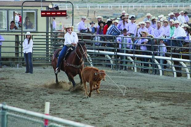 Fallon cowgirl Sydney Felton attempts to rope a calf during the breakaway roping event at last week&#039;s Silver State International Rodeo in Winnemucca.