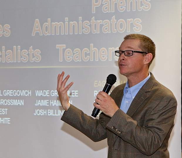 Allen Gosselin frames the purpose and goals of the STEM Curriculum Summit Wednesday night at Carson High School.