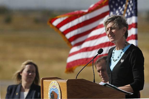 Interior Secretary Sally Jewell speaks at a gathering where she made the formal announcement that the greater sage grouse does not need federal protections, at Rocky Mountain Arsenal National Wildlife Refuge, in Commerce City, Colo., Tuesday Sept. 22, 2015. (AP Photo/Brennan Linsley)