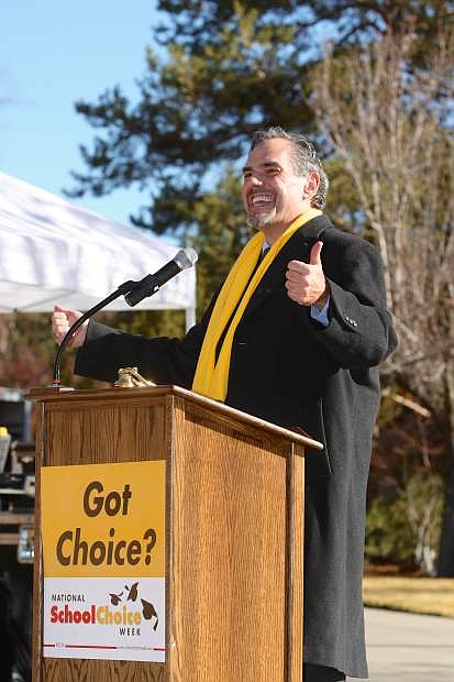 Dale Erquiaga, State Superintendent of Public Instruction, speaks to the crowd gathered at the Capitol in Carson City Wedneday. The &#039;Nevada Supports School Choice&#039; event ws planned by Nevada Succeeds, Nevada Policy Research Institute, RISE Education Resource Center, Bailey Charter Elementary School, Charter School Association of Nevada, and the Nevada Homeschool Network.