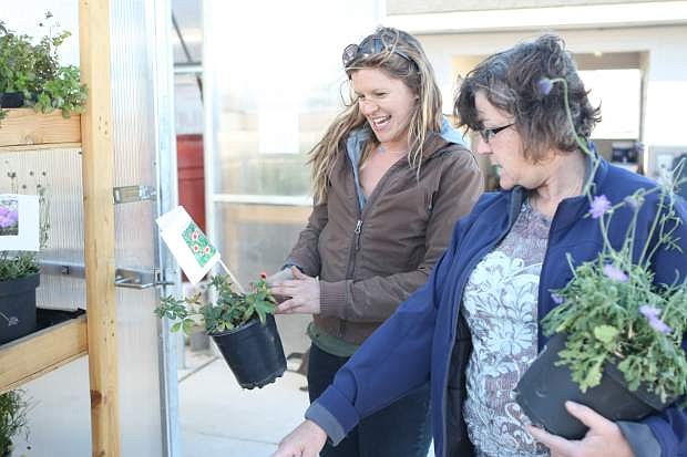 Site manager Camille Jones helps Caren Cafferata-Jenkins choose plants at The Greenhouse Project Wild Seed Harvest Party on Friday.
