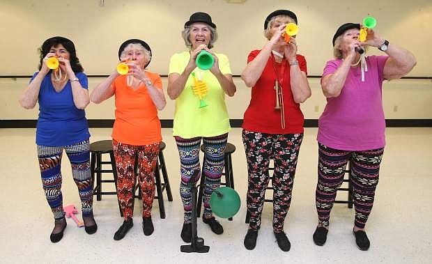The Golden Girls, from left, Ginny Delaski, Alyce Dickson, June McIntyre, Pat Johnson and Barbara Halvorson-Magee rehearse for the 2015 Senior Follies &quot;Flashbacks!&quot;