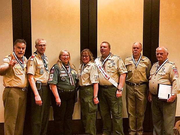 The Boy Scouts of America National Council held its annual recognition dinner at the Atlantis Casino in Reno, where eight volunteers in the Nevada Area Council were honored with the Silver Beaver Award for outstanding service to the community and Boy Scouts of America. Shown from the left are Nevada Area Council President Jim Rogers; Gene Furr of Reno; Barbara Stewart of Reno; Lavonne Applewhite of Sparks; Karl Marsh of Fallon; Mike Rowe of Minden; and Monte Haines of Carson City. Not pictured is Robert Colbert of Elko.