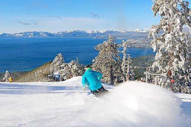 A skier carves down the mountain on Dec. 23, 2015, at Diamond Peak Ski Resort in Incline Village.