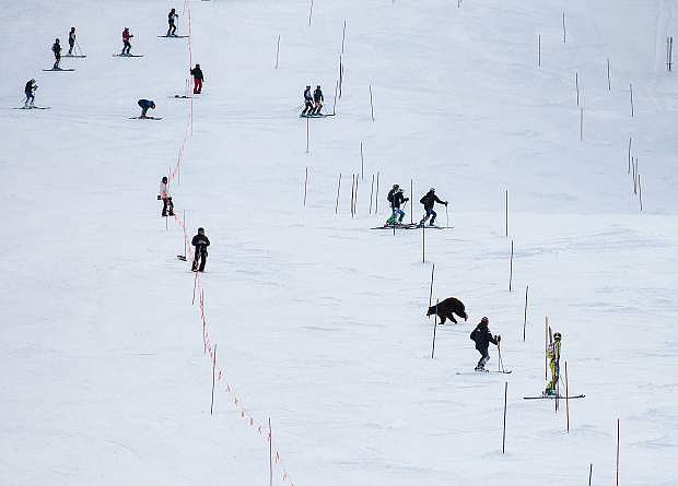 A black bear ambled across the World Cup run at Heavenly Mountain Resort in South Lake Tahoe during the Far West Masters race. Skiers took a brief pause to let the bruin cross the slope without incident and disappear into the woods on the other side.