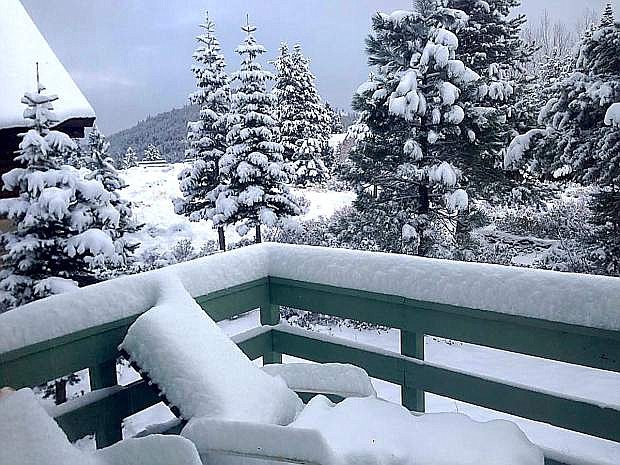 Jimmy Griffin snapped this image from his deck Monday morning Truckee, where several inches of snow fell overnight Sunday.