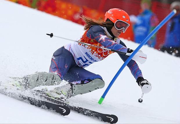 United States&#039; Julia Mancuso passes a gate in the slalom portion of the women&#039;s supercombined to win the bronze medal in the Sochi 2014 Winter Olympics, Monday, Feb. 10, 2014, in Krasnaya Polyana, Russia.(AP Photo/Alessandro Trovati)