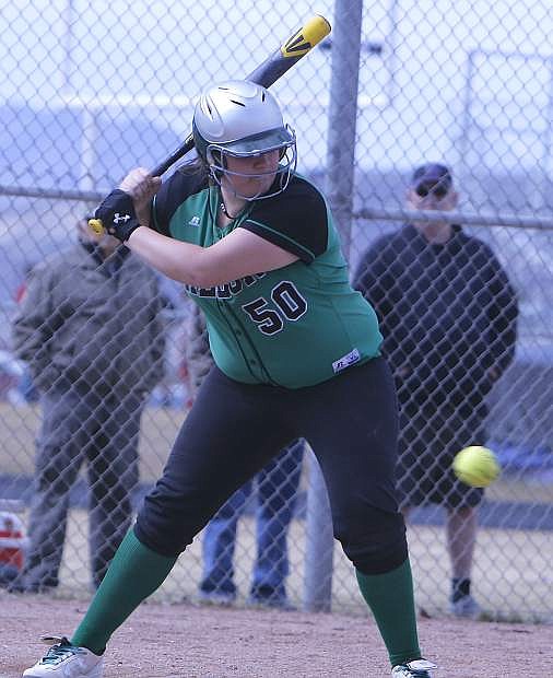 Fallon catcher Ashley Alvarez takes a pitch during the Lady Wave&#039;s three-game sweep over Spring Creek last weekend.