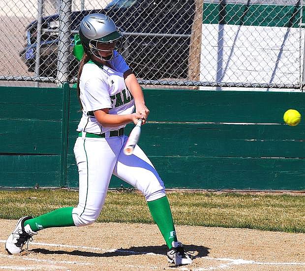 Fallon freshman Hannah Frank swings at a pitch durng a game last week. The Lady Wave host Spring Creek for a three-game series starting at 3 p.m. today.