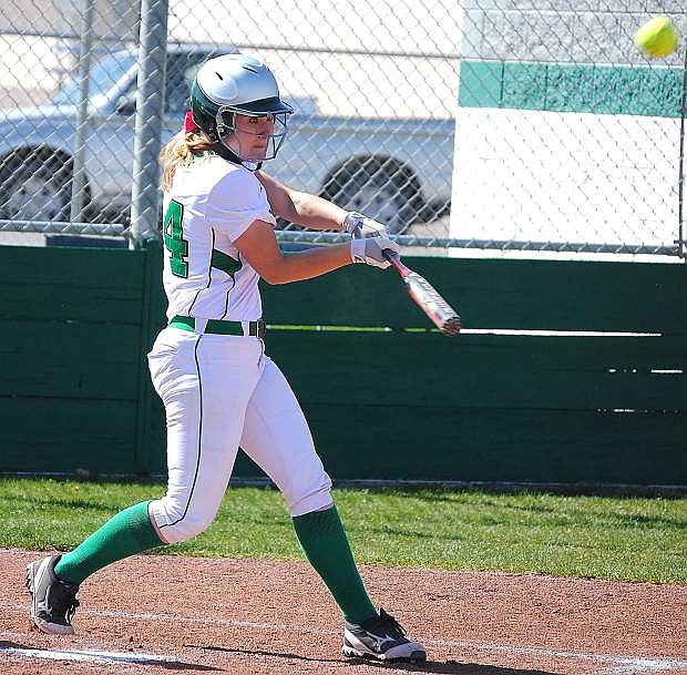 Fallon junior slugger Megan McCormick blasts a home run in the first inning of Friday&#039;s 8-1 win over Elko. The Lady Wave swept the series.