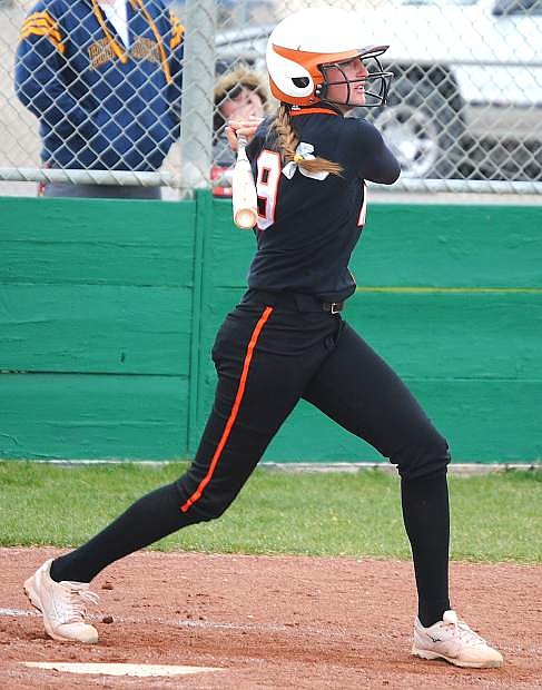 Fernley&#039;s Haliee Edgar takes a ball before blasting a grand slam in the first inning of the Vaqueros 10-6 win over Fallon on Tuesday.