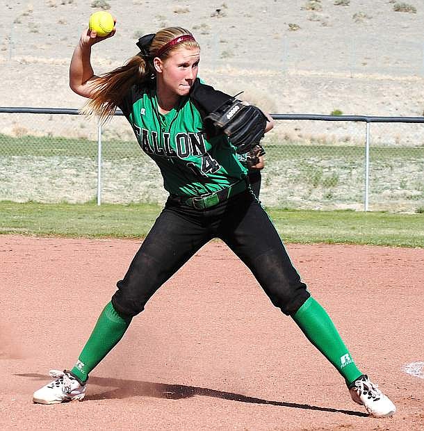 Lady Wave third baseman Megan McCormick throws to first base during Fallon&#039;s 7-4 win in nine innings at Fernley on Tuesday.