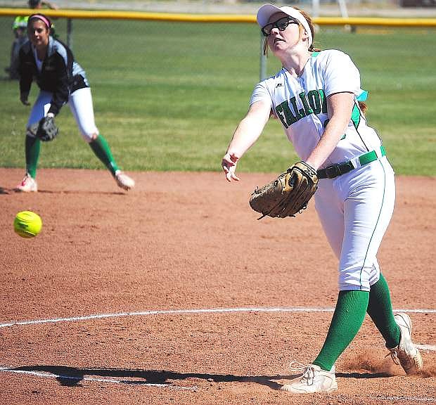 Fallon sophomore Kayla Buckmaster delivers a pitch during the Lady Wave&#039;s sweep over Dayton last weekend.