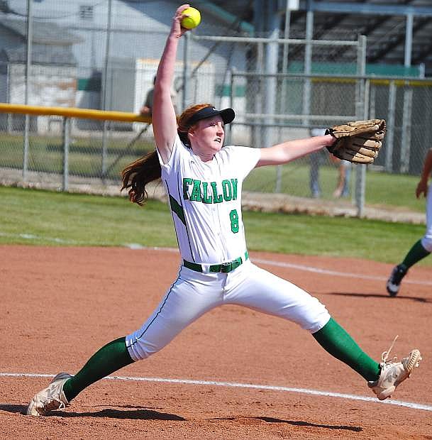 Lady Wave pitcher Kayla Buckmaster winds up during Fallon&#039;s 8-3 loss to Fernley on Tuesday.