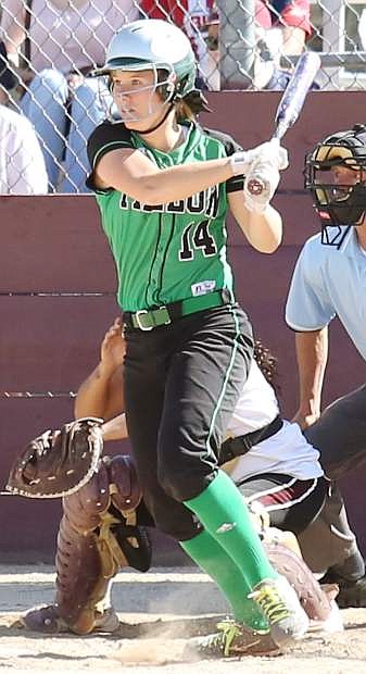 Fallon&#039;s Megan McCormick singles to right field in the reschedules doubleheader at Sparks.