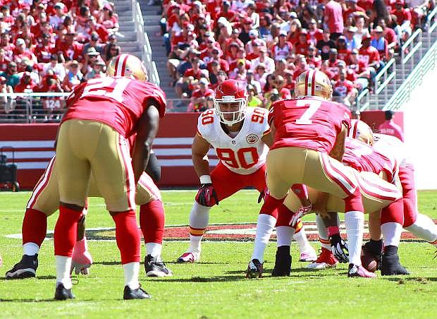 Josh Mauga (90) started his first full season at linebacker with the Kansas City Chiefs. Mauga was release by the New York Jets last winter, signed with the Chiefs and led the team with 103 tackles in 2014.