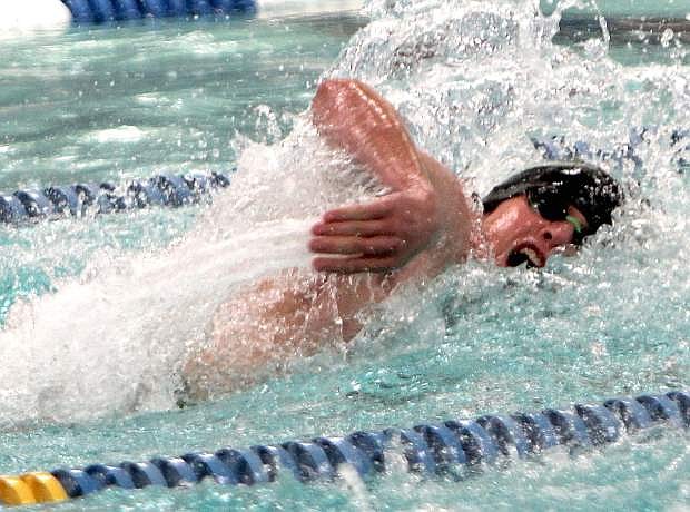 Fallon senior Kyle Grimes races toward the finish during the 50-yard freestyle at Saturday&#039;s Division I-A state swim meet at the Carson Aquatic Center. Grimes finished fourth.