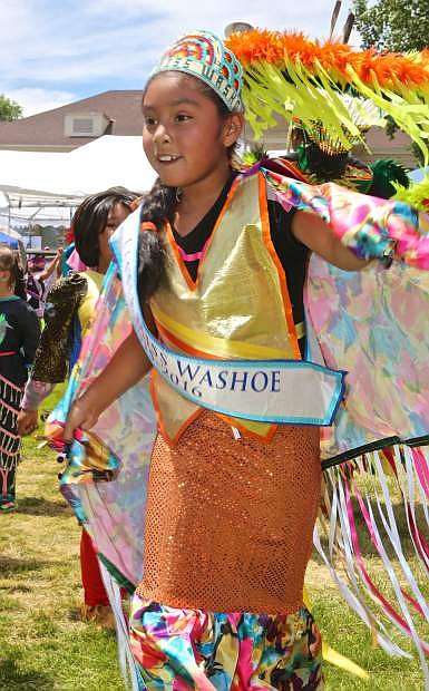 Little Miss Washoe Jordyn Wyatt dances Saturday at the Stewart Father&#039;s Day Powwow.