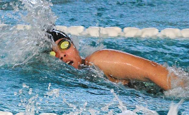 Sierra Bivens of Fallon races to the finish of the 50-yard freestyle during Saturday&#039;s meet in Fernley.