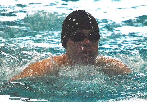 Fallon&#039;s Nick Amerson heads toward the wall during the 200-yard medley realy at Saturday&#039;s Northern Division I-A regional meet in Carson City.