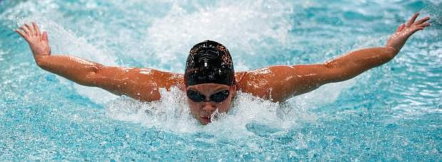 Kaila Duffy competes in the 200 yard Medley Relay for Douglas High School at the 2015 NIAA State Swim Meet hosted by the Carson Aquatic Facility, Carson City, NV