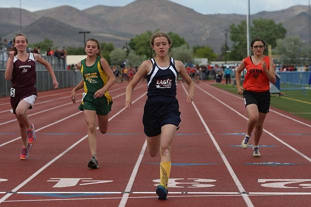 Eagle Valley Middle School track athlete Maritza Filson competes in the 100m dash at the Tah-Neva Championships Wednesday.