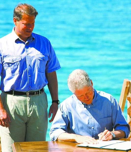 Vice President Al Gore, left, and  President Bill Clinton attended the first Lake Tahoe Summit in 1997.