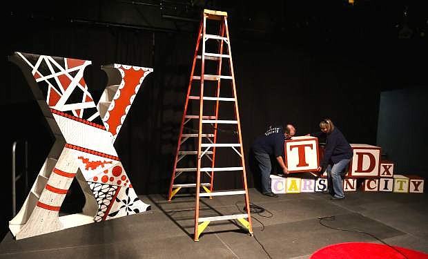 Brewrey Arts Center program manager Jeffrey Fast and artist Sarah Morey set the stage for TedX on Tuesday.